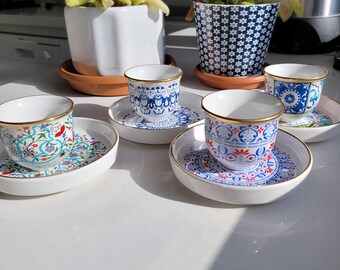 Floral Gold Rimmed Porcelain Espresso Cup and Saucer Set, Ethnic Patterns