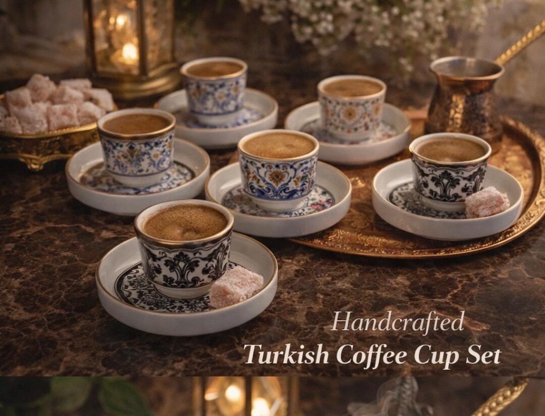 Hand-painted Turkish Coffee Cup and Saucer Set, Porcelain, Golden ...