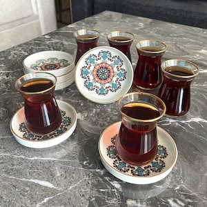 Turkish Tea Cup Set, Ethnic Patterned Porcelain Saucers, Gold Trim