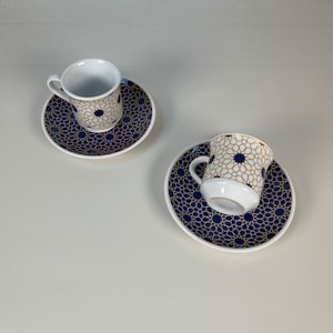 Türkisches Kaffee Set, Ottoman Einzigartiges Design, Dunkelblau, Türkisches Kaffee Set, Espresso Tassen Set, Kaffee Set Geschenk, 2er Set, Porzellan Tassen