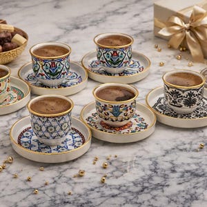 Handgeschilderde Turkse koffiekopjesset | Espressokopjes van etnische porselein