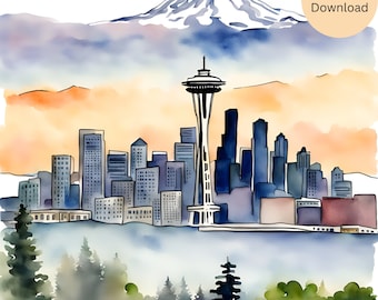 Acuarela De Seattle Con Montañas