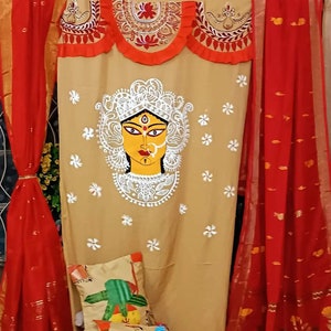 Handbemalter Vorhang für Durga Puja Dekoration, Handgemaltes Dekor, Durga Puja | Gardinen | Durga Puja Dekoration Hintergrund, Bengal Home Decor