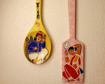 HandPainted Decorative Spatula with Jamini Roy Painting and Kalighat Painting Set of 2 | Wooden Spatula | Jamini Roy | Kalighat Painting |