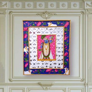 Srinathji Pichwai hand painting|Lippan art with mirror work|Pichwai art|Srinathji with cows and pink lotus|Pichwai painting large|wall decor