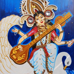 Hand Painted Goddess Saraswati Mata, Handmade Mirror Work Maa Saraswati for Puja, HandPainted Wall Art, Hindu Wall Hanging Decor
