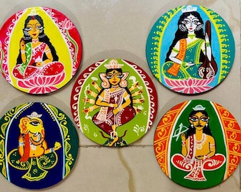 Hand Painted Durga Wall Plates Set of 5 , Coaster Sets, Bengali Decorations, Durga with Family Wall Art, DurgaPuja Wall Decoration