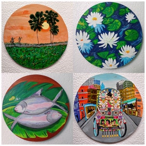 Juego de 4 placas de pared temáticas de Bangladesh pintadas a mano, arte de la pared de Bangladesh, rickshaw de Bangladesh, lirio de agua de Bangladesh, pintura de Bangladesh, ilish