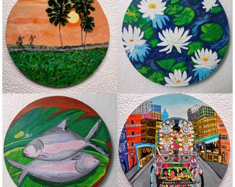 Handgeschilderde Bangladesh thema muurplaten set van 4, Bangladesh muurkunst, Bangladesh riksja, Bangladesh waterlelie, Bangladesh verf, Ilish