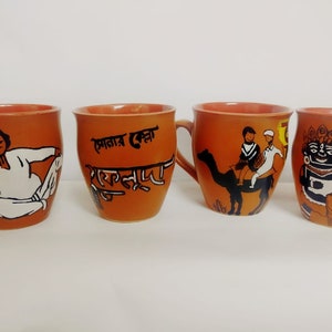 Hand Painted Feluda series Kulhad Set of 4 | Satyajit Roy Lovers| Kulhads without handle|Bengali gift|Satyajit Ray|Bengali art|Bengali films
