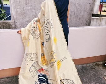 Kolkata Hand painted Dupatta in Silk, Kolkata Art Painting, Bengali Saree Odna, Yellow Taxi,