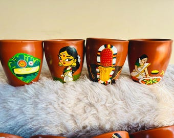 HandPainted Kerala art Kulhad Set of 4, 200ml IndianTea Cups without Handle,Thrissur Pooram, Pookalam, Kerala woman,South Indian food Thali