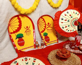 Conjunto de decoración de bodas bengalí pintado a mano, decoración festiva Puja, Ghot Kulo mongol, Pankha & Pencha o búho,