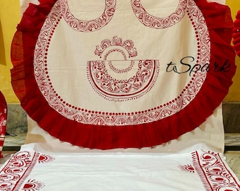 Hand Painted Kolka Art Backdrop-Traditional Pankha Style Red Frill, Bengali Wedding, Puja Backdrop, Durga Puja Decor