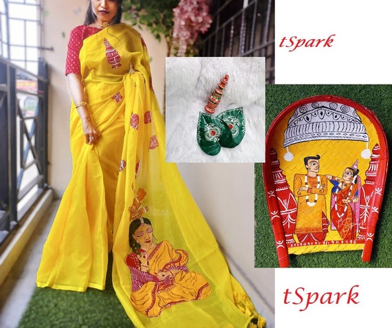 Handpainted Bengali Wedding Kulo Gach Kouto Paan Pata Gaye Holud Saree Bor Bou Kulo Yellow Saree for Bengali Haldi Kalka Paint Paan Pata Etsy Canada