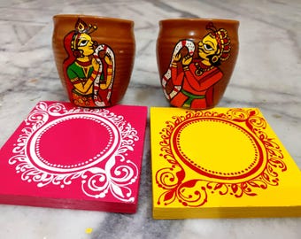 Hand Painted Indian Art Kulhad Set of 2 and Coaster Sets, Phaad and Alpona Kolka art, Valentines Wedding Anniversary Christmas NewYear gift