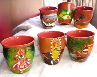Juego de 6 Kulhad de arte de Kerala pintados a mano sin asa / Pintura de Kerala / 200 ml Kullad, Kulhar, Pintura Kathakali, remanso de Kerala, Onam