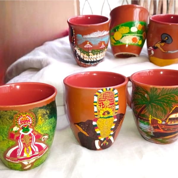 Hand Painted Kerala Art Kulhad set of 6 without handle | Kerala Painting | 200 ml Kullad | Kulhar | Kathakali Painting | Kerala backwater