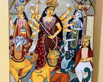 HandPainted Kalighat Patachitra Maa Durga Canvas, Durga Puja Bengali decoration, Maa Durga Painting