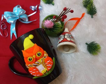 Christmas 3D Mug Hamper Gift, Handmade Owl Mug, Christmas Decor, Black Coffee mug