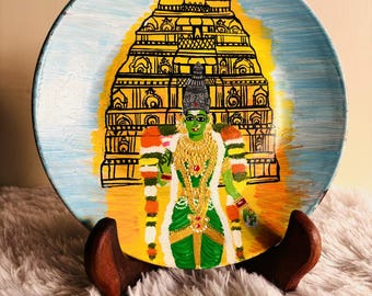 Hand Painted Meenakshi Amman (Meenakshi Devi) temple Madurai,Tamil Nadu Wall Plate with Stand, South Indian Goddess art