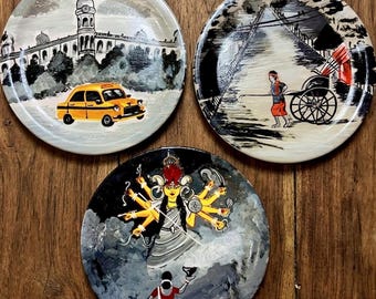 Kolkata art Hand painted Wall Plates,Set of 3,Bengali Culture art