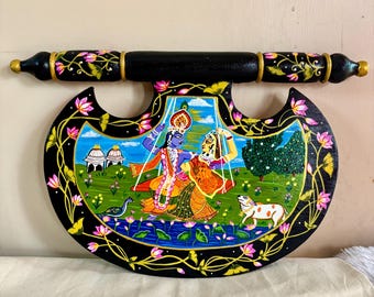Pichwai Art Radha Krishna Wooden Wall Plates, Indian Festival Decor, Pichwai Krishna Painting, Housewarming Gift,Janmastami Decoration