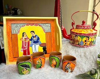 Hadpainted Kalighat Pattachitra Art Tea Kettle Set with 4 Kulhads and Wooden Serving Tray