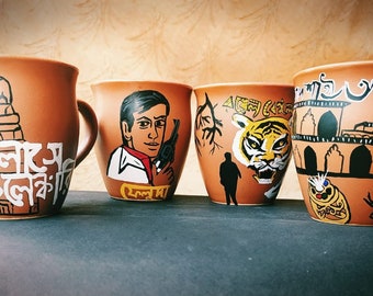 Kulhad de arte indio pintado a mano de 200 ml con serie Feluda / Kullar / Kulhad / Kullad / Taza de té Kulhad / Amantes de Satyajit Roy / Amantes de Feluda