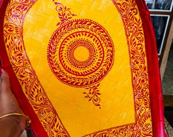 Hand Painted Alpona Art Yellow Kulo for Bengali Wedding,Festive Pooja Decoration,Gaye Holud tray
