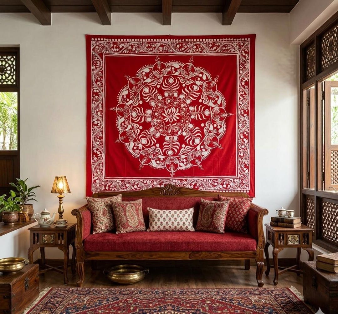 Hand Painted Red Kolka Alpona Art Backdrop, Indian Festive Wedding