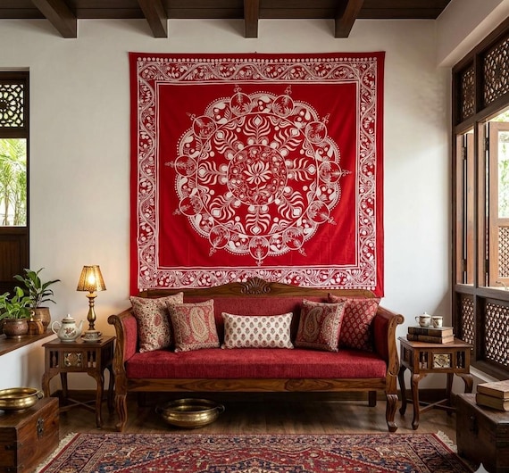 Hand Painted Red Kolka Alpona Art Backdrop, Indian Festive Wedding