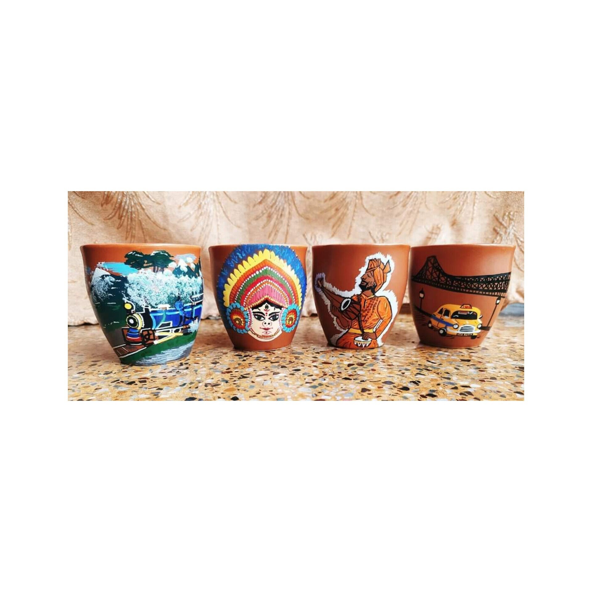 Conjunto de kullar de amor de Bengala pintado a mano de 4 piezas / Kullar de Bengala / conjunto de kullad / taxi de Kolkata / máscara de Chau / Baul / tren de juguete Darjeeling / arte de Kolkata
