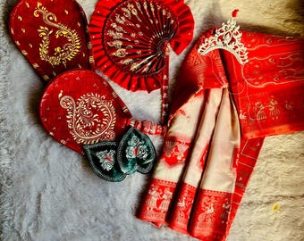 Bengali Wedding HandPainted Kolka Art Kulo, GachKouto, PaanPata, TottoSuchi, Pankha, Gaye Holud Saree, Briddhi Lal Paad Sada Saree, Mukut