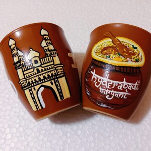 Hand Painted Kulhad set of 2 with Hyderabad Charminar and Hyderabadi Biriyani, South India Art, Kulhad Cup set of 2, Christmas Gift