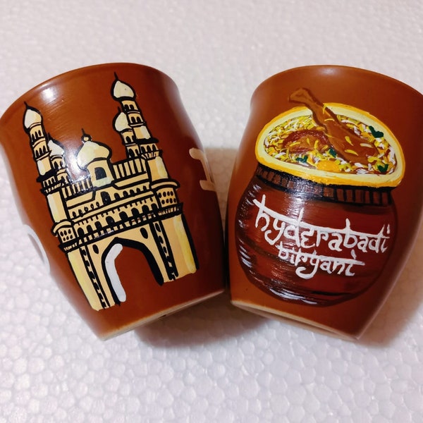 Hand Painted Kulhad set of 2 with Hyderabad Charminar and Hyderabadi Biriyani, South India Art, Kulhad Cup set of 2, Christmas Gift