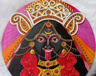 Hand Painted Maa Kali Painting Wall Art with 3D Work and Ornaments, Goddess Kali Art Wall Decor, Kali Murti