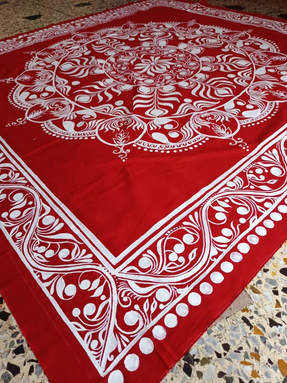 Hand Painted Red Kolka Alpona Art Backdrop, Indian Festive Wedding