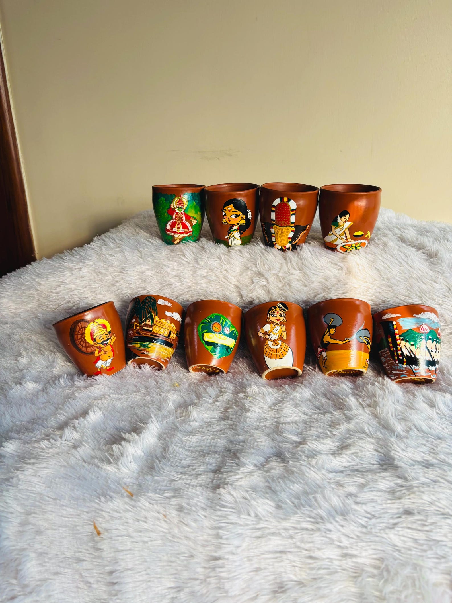 Kerala Art Hand painted Tea Cups Kulhad set of 10 without Handle,200 ml coffee cup,Gift,Onam