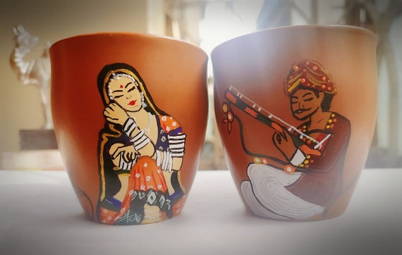 Hand Painted Pair Kulhad Rajasthani Art|Couple Kullar Set for Gift|Indian earthern lookTea Cup|Indian tea cups|without handle|Christmas gift