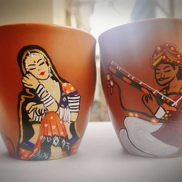 Hand Painted Pair Kulhad Rajasthani Art|Couple Kulhad Set for Gift|Indian earthern look Tea Cup|Kullad|Kulhad without handle|Valentines gift