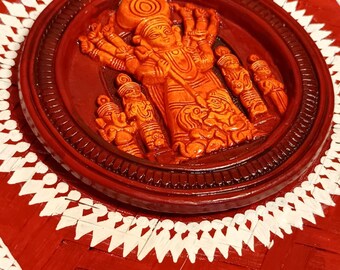 Handpainted Terracotta Maa Durga Murti Kulo Wall Art, Maa Durga