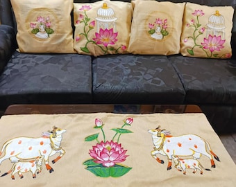 Pichwai Cow Handpainted Cushion Covers Runner Set of 5,Radha Krishna Cow Throw Pillow Covers,Home Decor, Indian Festive Decoration