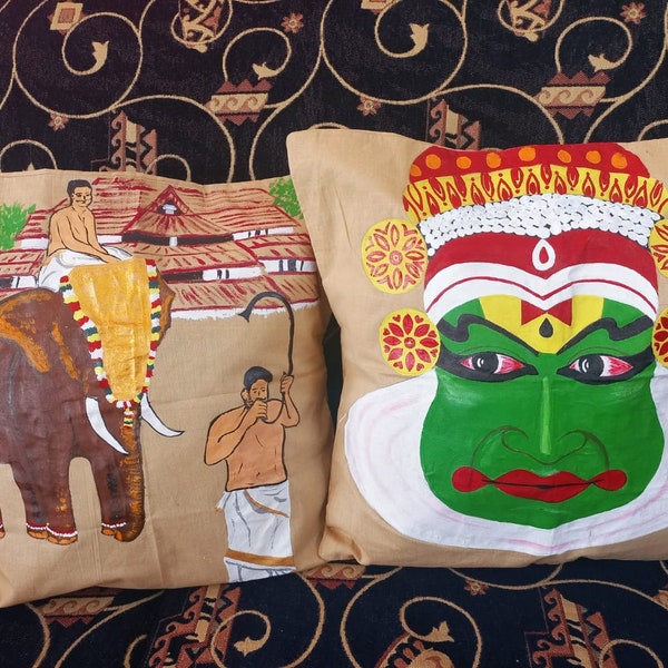 Kerala Hand Painted Cushion Cover Set of 2, Kathakali Art Cushion Cover, Kerala Painting, Home Decor, Christmas Decor, Throw Pillow Cover