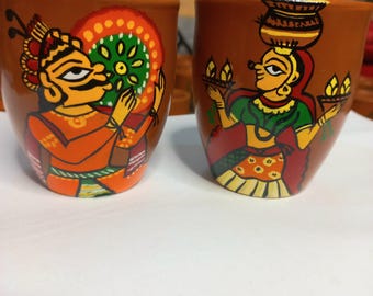 Hand Painted Indian Art Pair Kulhad Set, Indian Tea Cups Set of 2 for Wedding Anniversary Christmas New Year Valentines gift