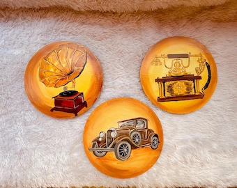 Multicolour Decorative Wall Plates ,Gramophone,Telephone, Vintage Car, Yellow Retro Home Decor, Bengali Decor