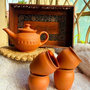 Terracotta Tea Pot and Tea Coffee Cup Set with Handpainted Wooden Tray, Indian Kulhads