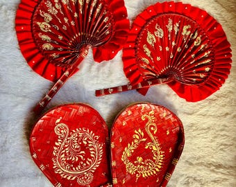 Hand Painted Kolka Art Kulo Pankha Set, Bengali Wedding Durga Puja Decor Wall Hanging, Festive Decoration