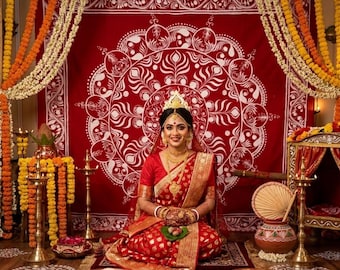 Hand Painted Red Kolka Alpona Art Backdrop, Indian Festive Bengali Wedding Decor,Durga Puja Decoration