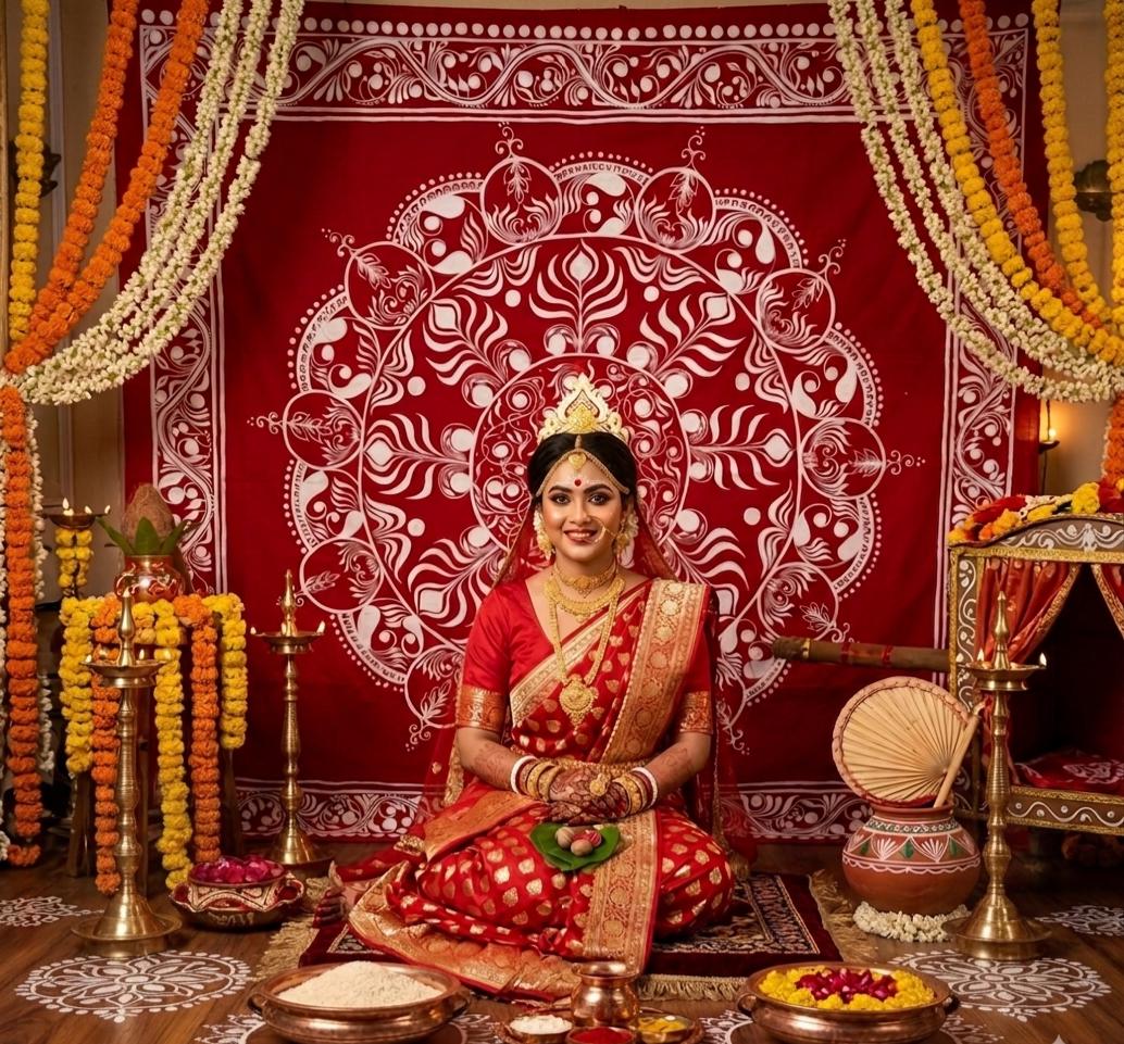 Hand Painted Red Kolka Alpona Art Backdrop, Indian Festive Bengali